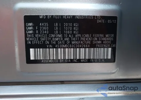 2012 Subaru Legacy 2.5I Premium from USA, damaged, VIN 4S3BMBC60C3042664